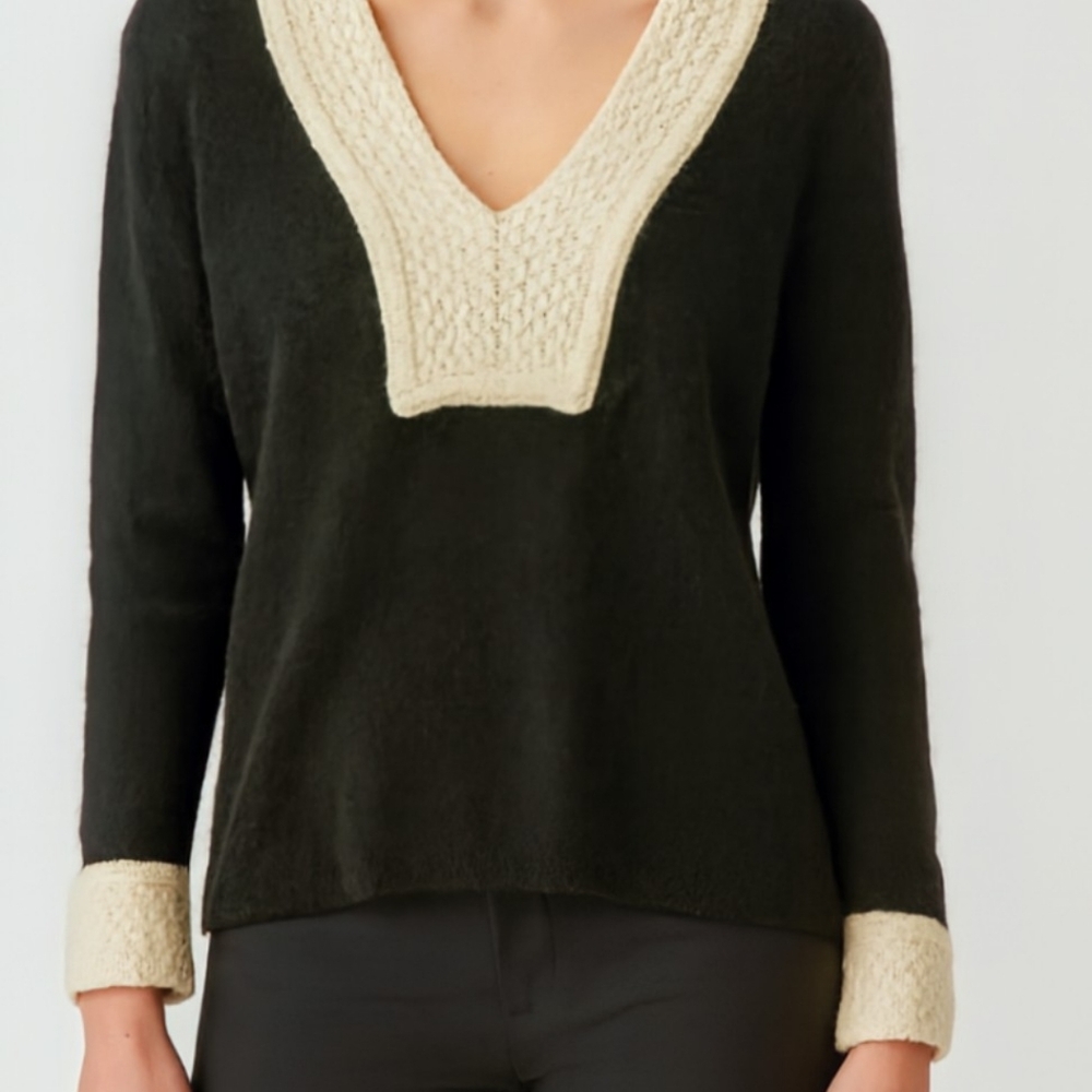 Tory Burch Black and Cream V-Neck Sweater